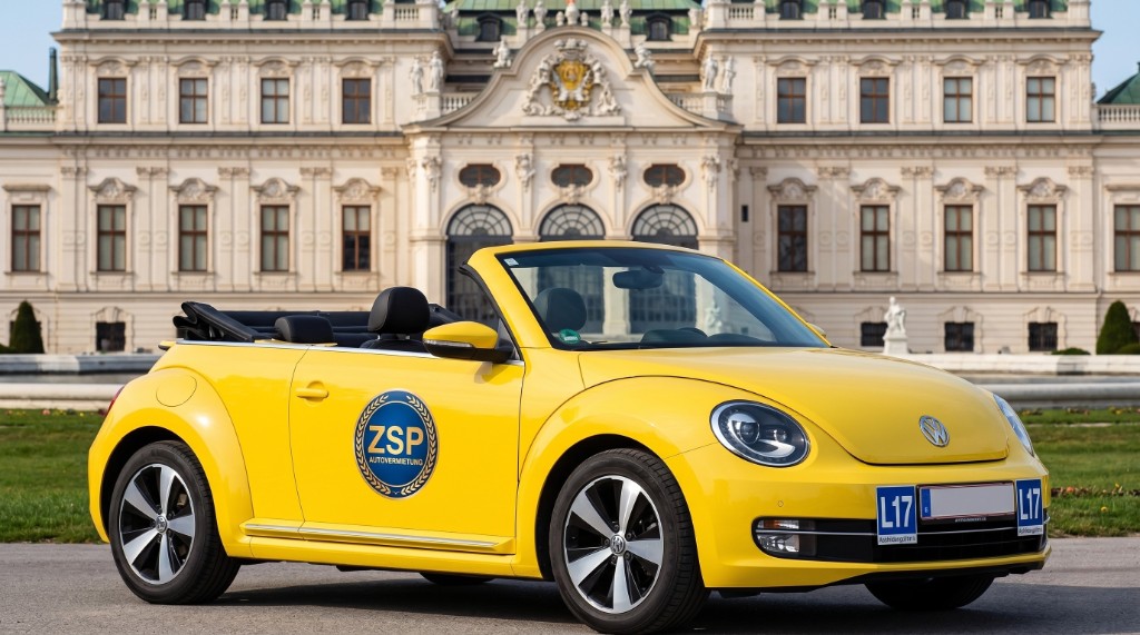 Gelbes VW Beetle Cabrio Frontansicht